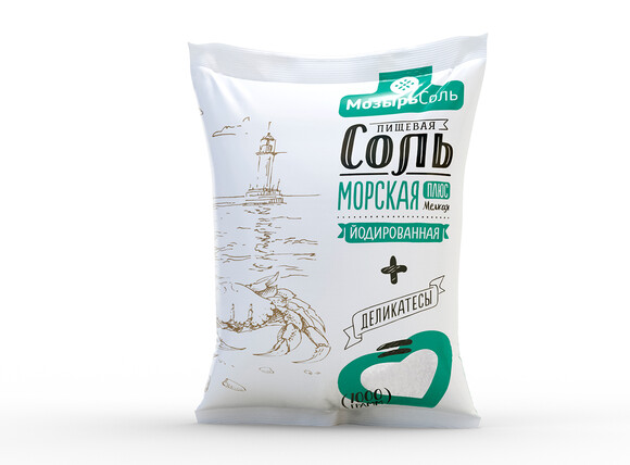 Morskaya Plus fine iodized food salt. 1 kg polyethylene/polypropylene bag